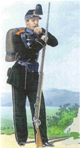Рядовой Софийского пехотного полка с дульно-зарядной винтовкой обр. 1856 г. с примкнутым трёхгранным штыком.